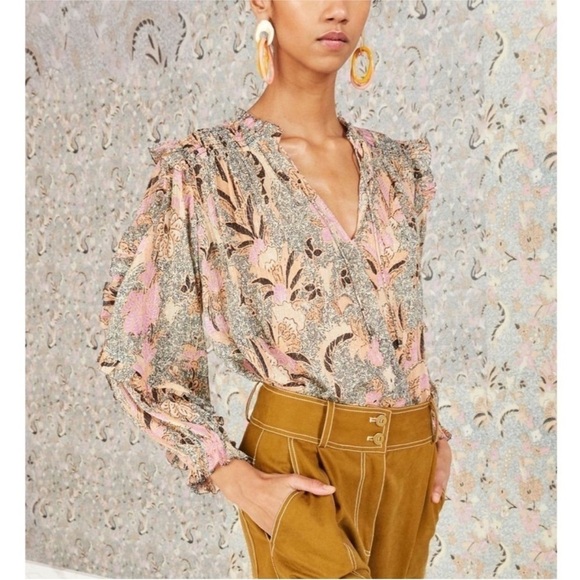 Ulla Johnson Lara Blouse Silk-Blend Ruffle Floral Birds of Paradise Ivory Size 6 - Picture 4 of 17